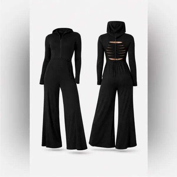NWT Halara hooded wide-leg jumpsuit in classic neutral brown, back slits, sz XS - Image 3