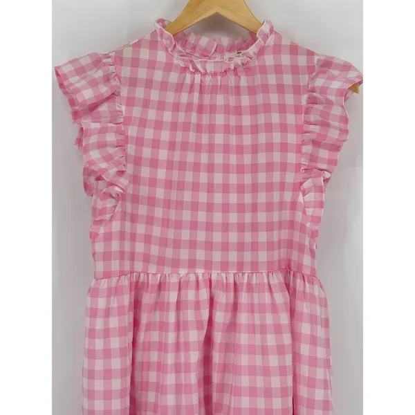 Entro Pink Plaid‎ Checkered Gingham Dress Small Tiered Babydoll Mini Ruffle Neck - Image 6