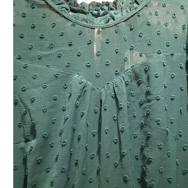 Monteau Los Angeles‎ Swiss Dot Peplum Top Green Ruffle Neck Long Sleeve Small - Image 5