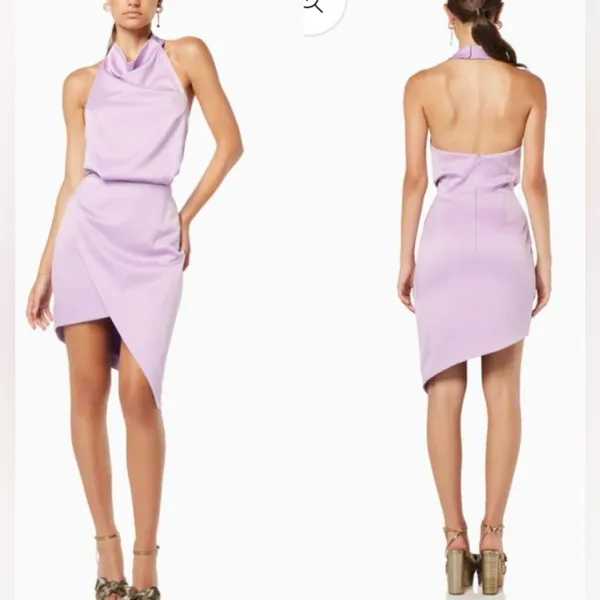 NWOT Elliatt Camo Asymmetric Satin Cocktail Dress in Lavender Sz M - Image 2