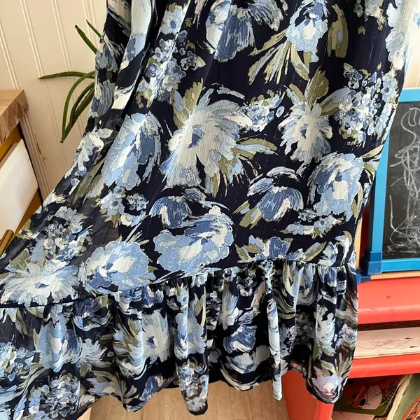 Blue Floral Midi Maxi Butterfly Sleeve V Neck Ruffle Tiered Dress - Image 5