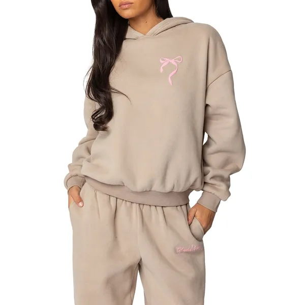 Edikted Sasha Bow Detail Hoodie & Sweatpants Set Beige Pink S - Image 16