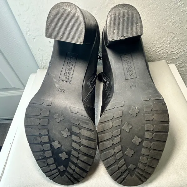 Lauren‎ Ralph Lauren Cabrey 7.5B Black Leather Ankle Boots Block Heel Zip Buckle - Image 6