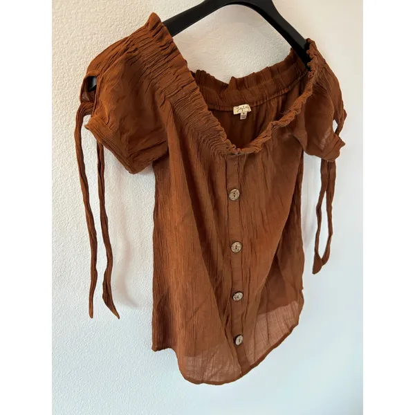 Lily‎ White Rust Brown Off The Shoulder Tie Sleeve Button Front Gauze Top Medium - Image 2
