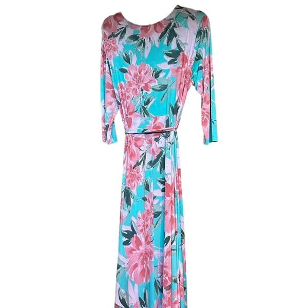 Pink Blue Floral Wrap Maxi Dress Plus Size 3X Stretchy Belted Easter Wedding - Image 7