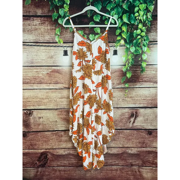 Free People Ivy Street Wide Leg Sunflower Jumpsuit Large Fall Leaves Boho Flowy Orange Crop - Image 7