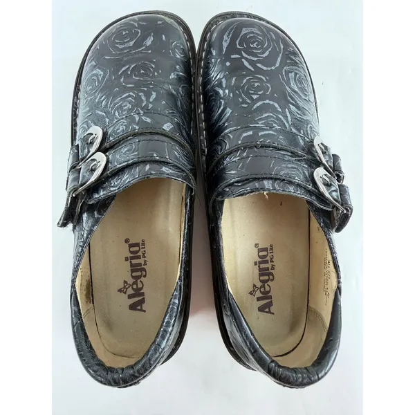 Alegria by PG Lite Black Rose Embossed Leather Clogs Monk Strap ALL-571 Size 40 - Image 5