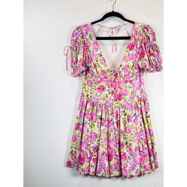 For Love & Lemons Mini Dress Paulina Silk Floral Corset Puffed Coquette Medium - Image 5