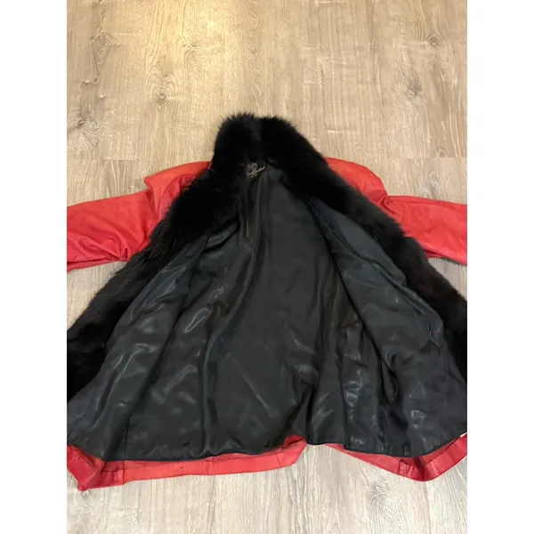Vtg Red Leather Millyn Fur‎ Collar Coat Jacket 80's Glam Mob - Image 11