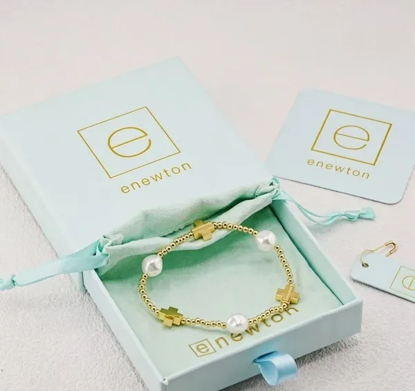 Enewton Cross Pearl Stretch Bracelet Set Gold Silver Beaded Stackable Wrist Jewelry Brand Pouch Hang Tag Included - Image 3