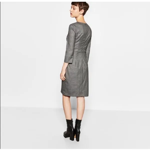 Zara Basic Grey Glen Plaid Draped Tulip Sheath Dress 3/4 Sleeve Size M - Image 2