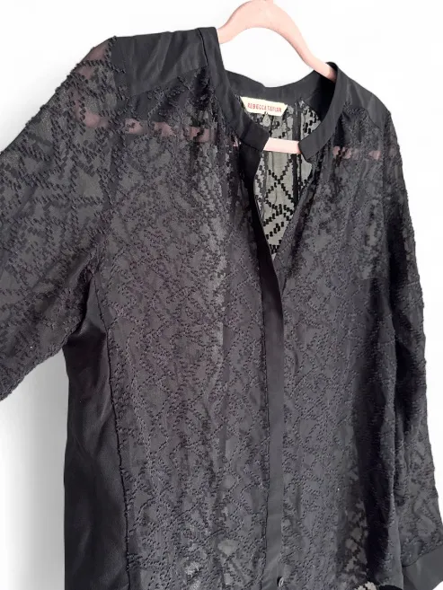 Rebecca Taylor Y2K Black Textured Button-Front Blouse Silk Blend Sheer Top Sz 4 - Image 3