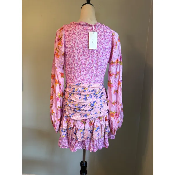 For Love Bell Pink fancy Floral Ruched Mini Dress Long Sleeve Ruffle L dainty y2 - Image 5