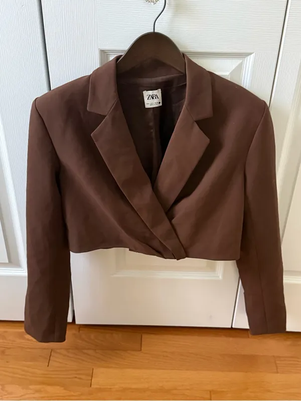 Zara Brown Cropped Blazer with Shoulder Pads - Image 2