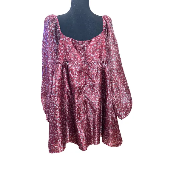 Altar'd‎ State Burgundy Floral Babydoll Mini Dress Square Neck Long Sleeve L - Image 4