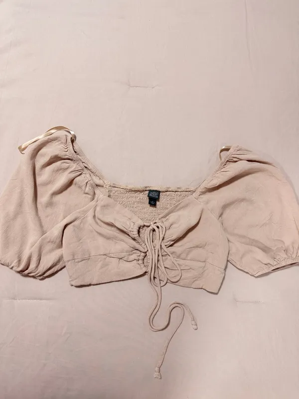 wild fable Beige Ruched Halter Puff Sleeve Crop Top - Image 4