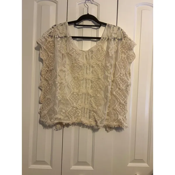 Womens Cream Lace Kimono Vest‎ Boho Crochet Open Front Sleeveless - Image 6