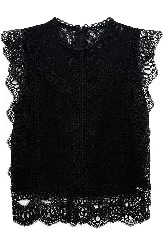 ZARA Black Semi Sheer Lace Top Blouse - Image 2