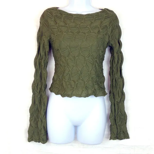 See You Monday Textured Scrunch Top Womens S Olive Green Long Sleeve Grunge 90s - Image 3