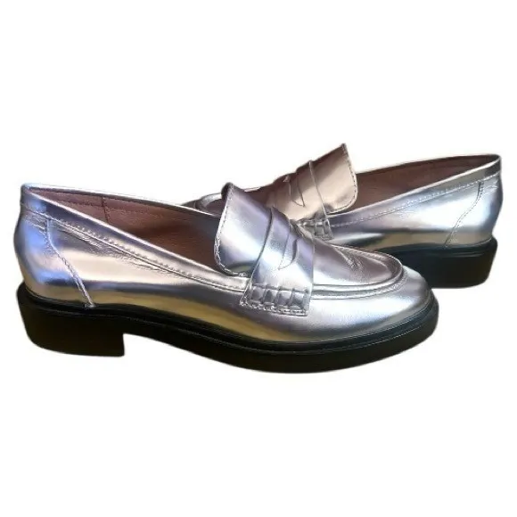 Madewell The Vernon Metallic Silver Leather Penny Loafers Size 6 - Image 2