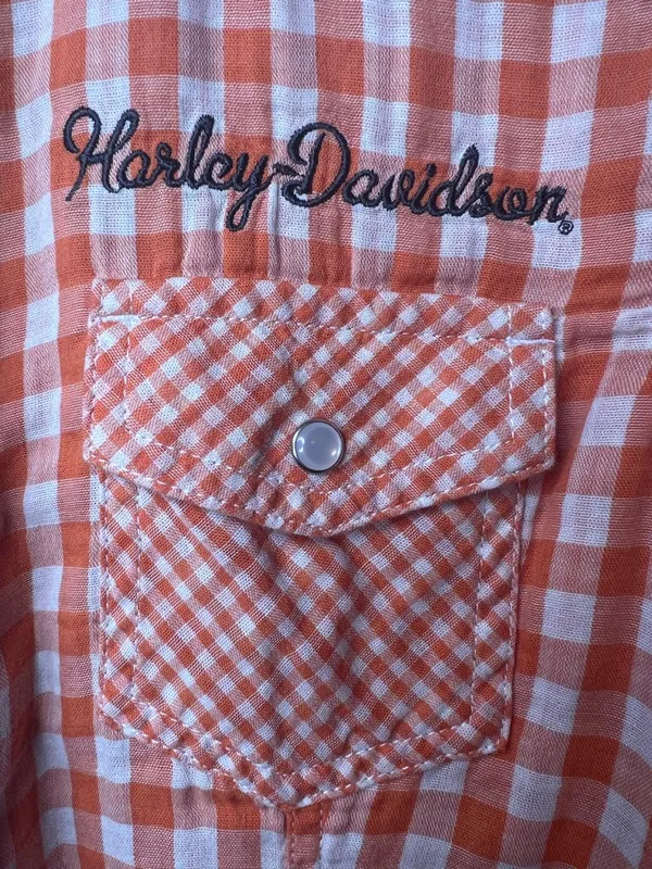 Harley Davidson Orange Gingham Snap Shirt‎ Embroidered Back Small - Image 4