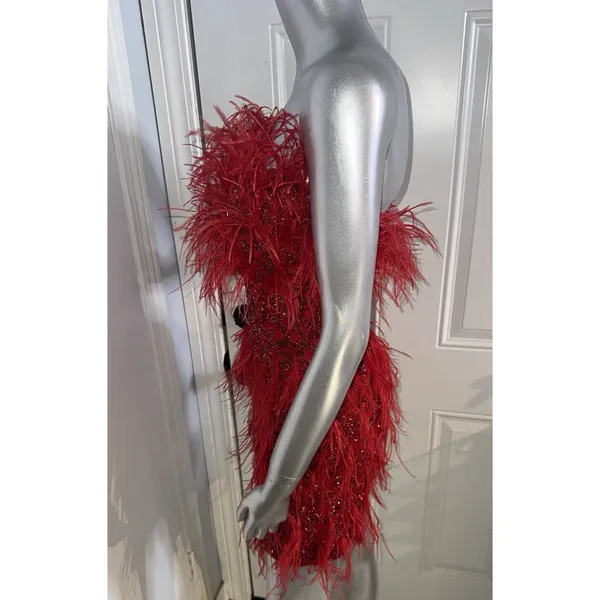 ASHLEYlauren 4615 Red Beaded Feather Cocktail Dress Strapless 2 Pageant Prom - Image 10