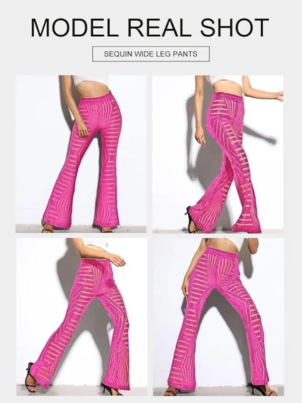 BLENCOT Sequin Wide Leg Palazzo Pants High Waist Flare Party Trousers L - Image 5