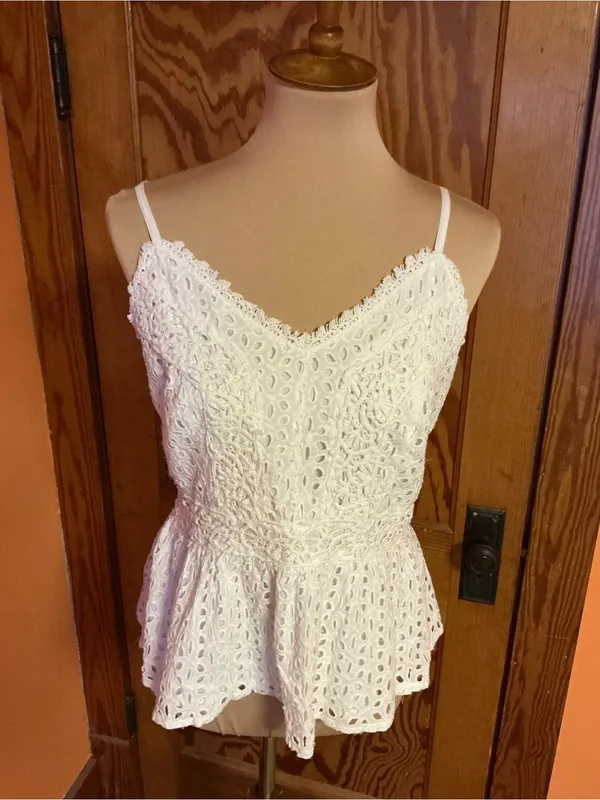 Japna White Eyelet Lace Peplum Cami Top Large Boho Cottagecore Adjustable Straps - Image 4