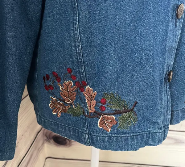 North Crest Vintage Denim Winter Embroidered Button Down Shirt Jacket - Image 4