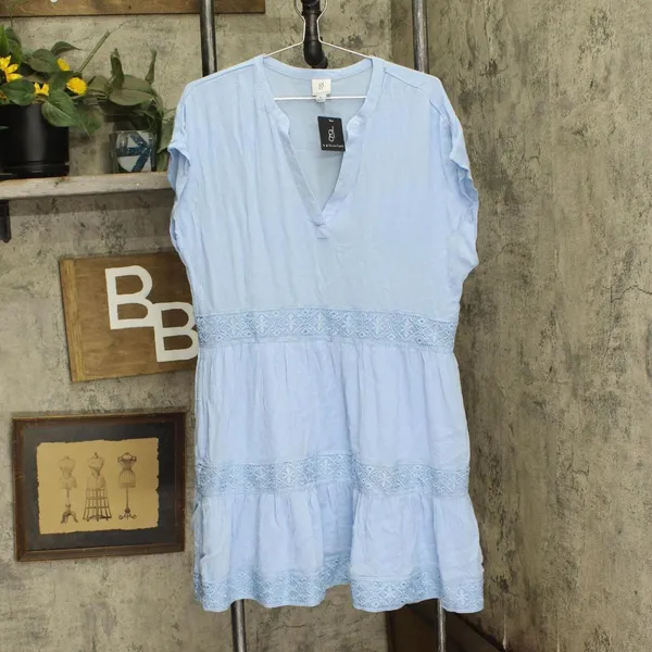 NWT Gl By Gibson Look Split Neck Tiered Easy Fitting Dress 14194 M Light Blue - Image 2