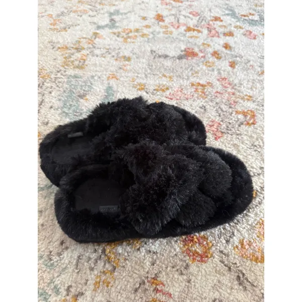 Coface Womens Black Faux‎ Fur Cross Band Slippers Open Toe House Shoes US 7 - Image 2