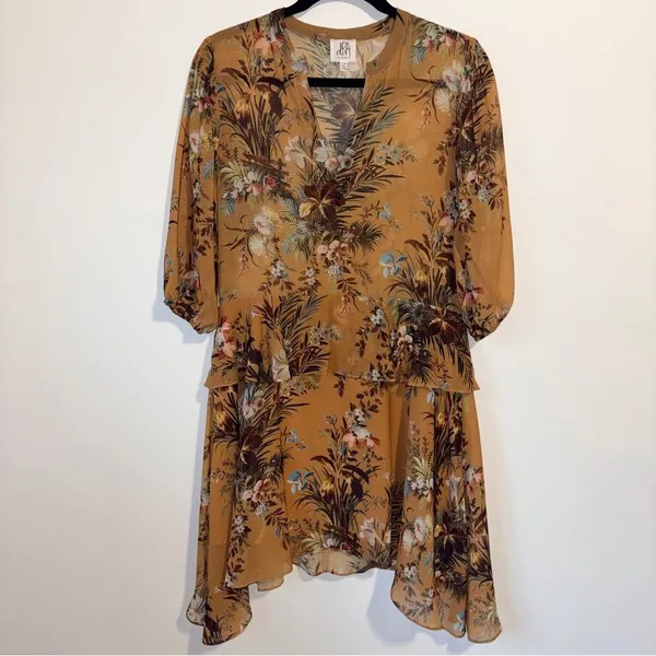 Anthropologie dRA Sheer Blouson Dress S Neutral Floral Chiffon Ruffle Office - Image 3