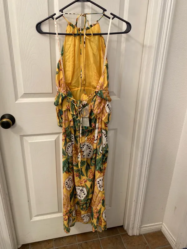 FARM Rio BiRiBA Yellow Tropical Halter Midi Dress with Side Slit and Peplum - Image 9