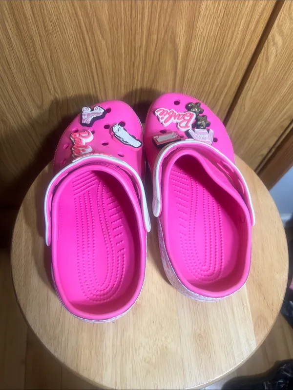 CROCS Hot Pink Sandal Clogs with White Heel Strap and Barbie Charms - Image 3