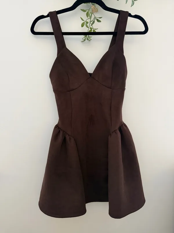 Espresso Brown Faux Suede Sleeveless Homecoming Mini Dress - Image 4