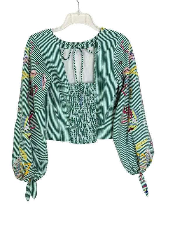Anthropologie Maeve Embroidered Blouse Green Stripe Size XS - Image 5