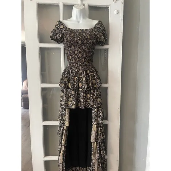 Muche et Muchette Black Gold Floral Smocked High-Low Tiered Ruffle Maxi Dress‎ - Image 2