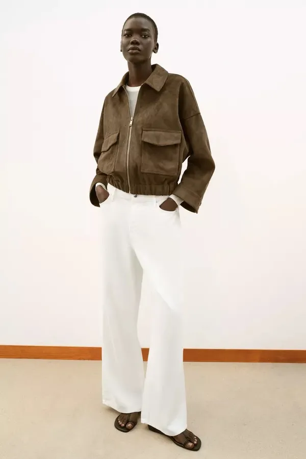 Zara Brown Tan Suede Faux Leather Bomber Jacket Outerwear - Image 5