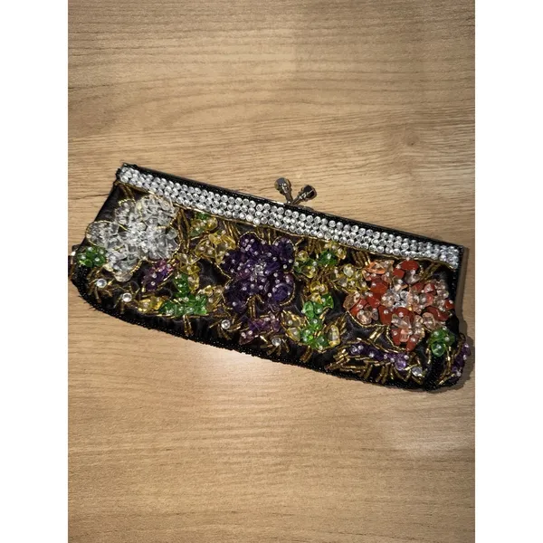 Small Satin Clutch Stitched And Beaded NWOT Floral Double Strap Handle T - Image 6