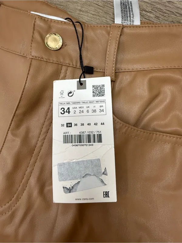 Zara Women’s Faux Leather Mom Fit Pants size‎ 2 Dark Camel Straight Leg - Image 4
