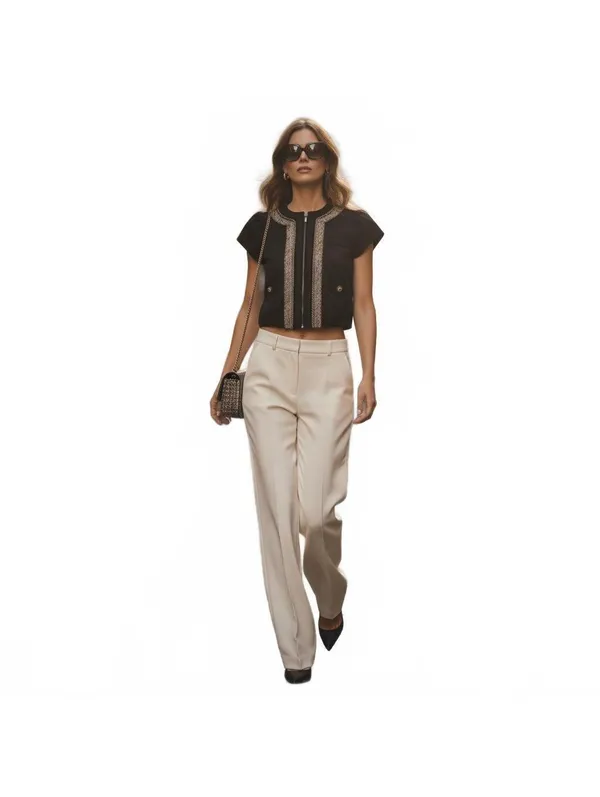 BCBG Max Azria Women’s XS Tweed Trim Jacket Top Black Gold Chain Zip - Image 10