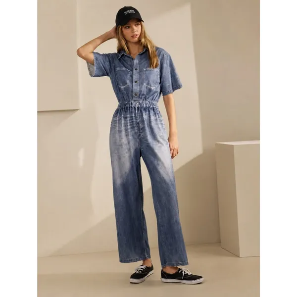NWT Oddi Acid Washed Chambray Denim Jumpsuits Size Medium Casual - Image 3