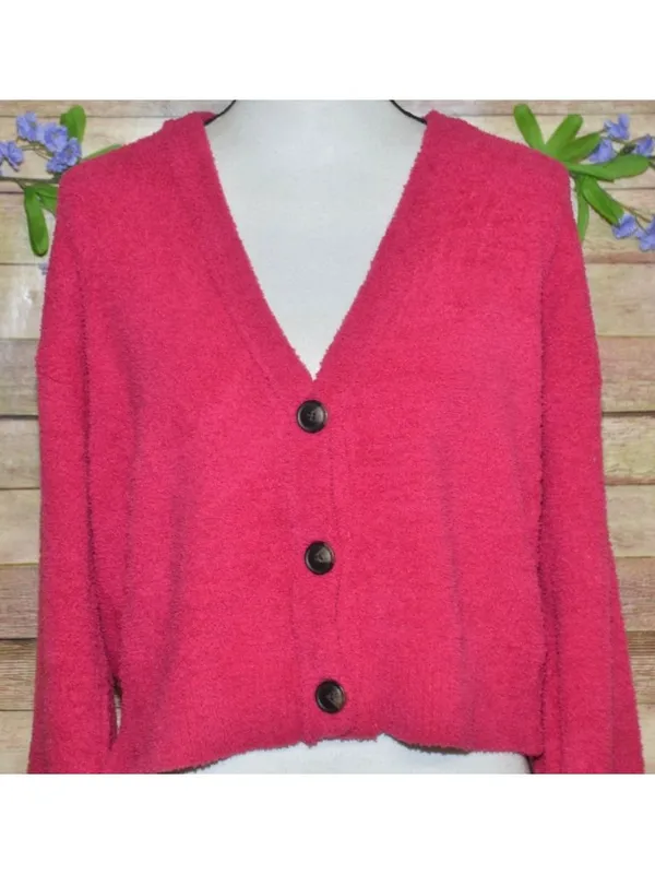 Active USA Ladies Hot Pink Crop Button Up Cardigan Sweater Size L Comfy Casual - Image 4