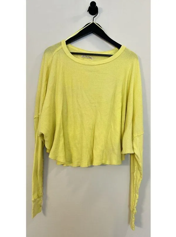 FREE PEOPLE Microphone Drop-Shoulder Cotton Thermal Top in Lemon Grass X-Small - Image 4