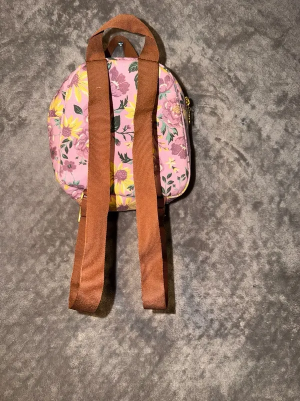 Pink Floral Sunflower Mini Backpack with Brown Straps - Image 6