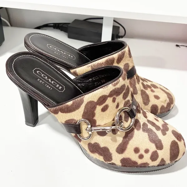 Coach Karsen Leopard Calf Hair Silver Buckle Slides Mule Heels Multi Size 8B‎ - Image 3