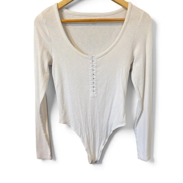 Aerie White Ribbed Long Sleeve Hook‎ and Eye Bodysuit Medium M - Image 3