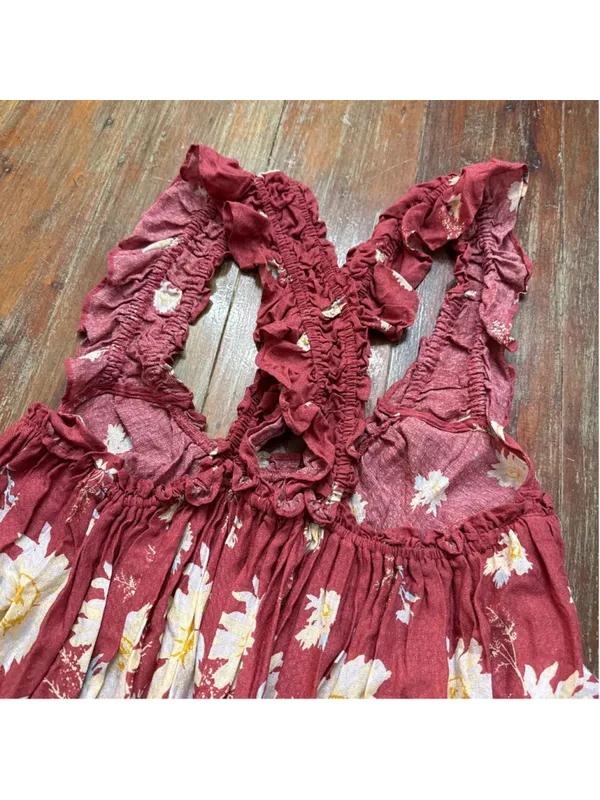 Free People Bali Wild Daisy Mini Dress Ruffle Straps Slip Renaissance Red Small - Image 12
