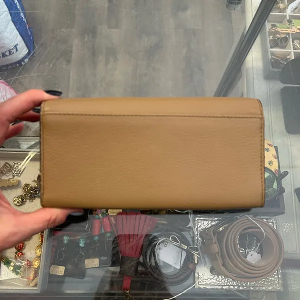 Coach Taupe Leather Flap Wallet Brass Turn Lock Long Bifold Neutral - Image 2