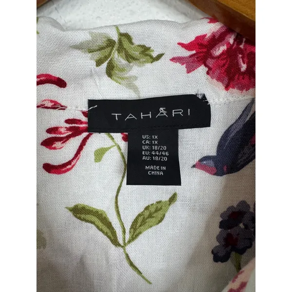 Tahari Floral Bird Print Linen Blend Jacket Womens 1X White Red Button Up New - Image 3
